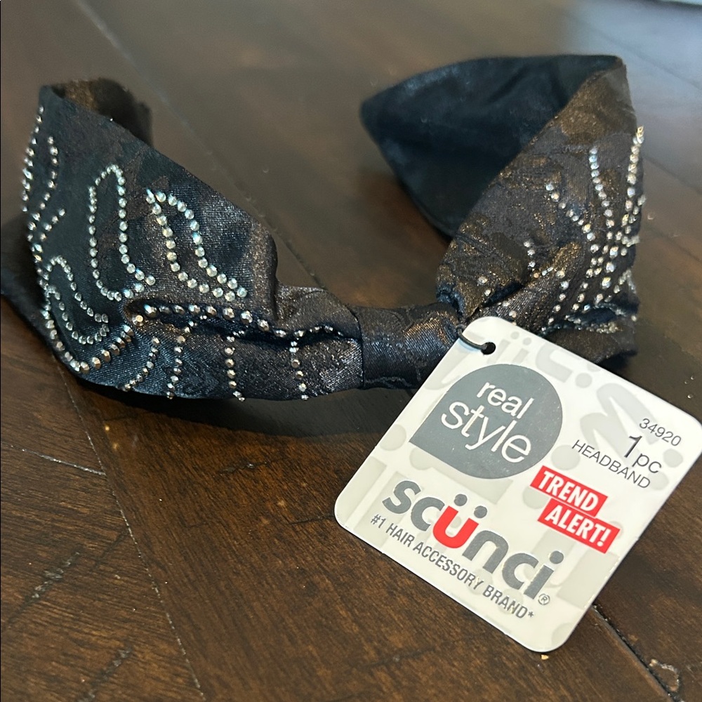 Scunci Black Satin Headband with Rhinestones